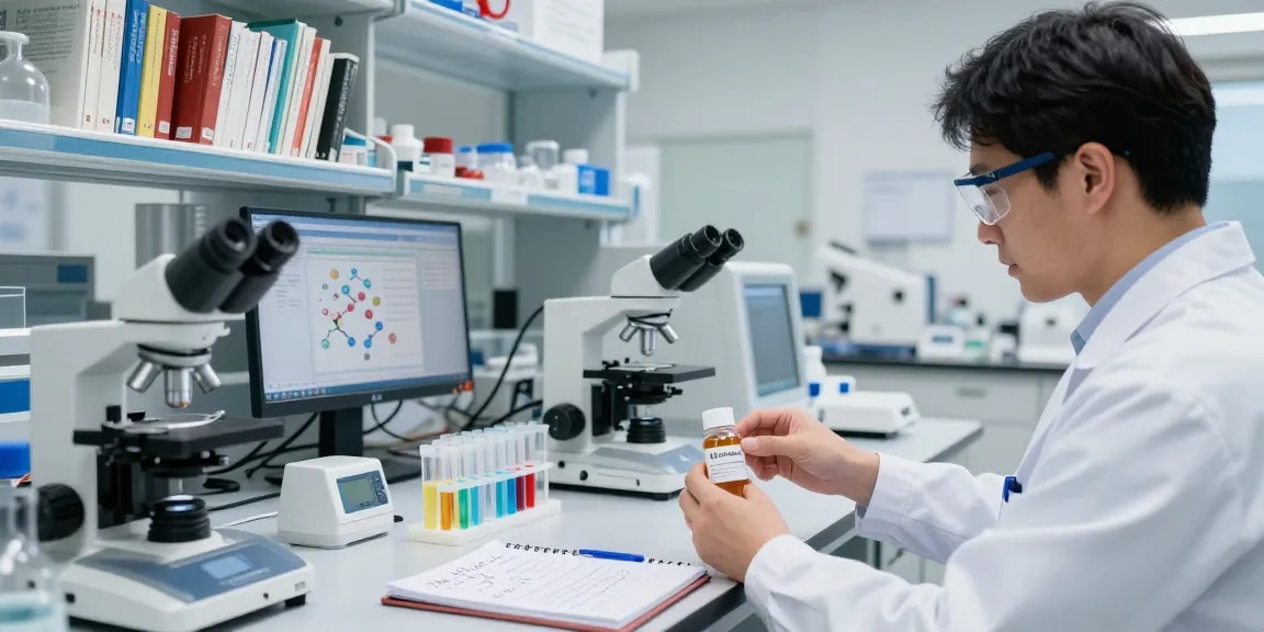 Order research peptides online in a modern lab setting, with a researcher analyzing peptide vials and data.