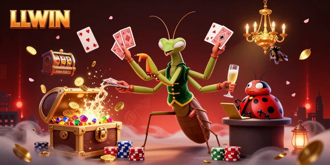 Witness LLWIN's 3D cartoon giant mantis dealer amidst a vibrant casino atmosphere.