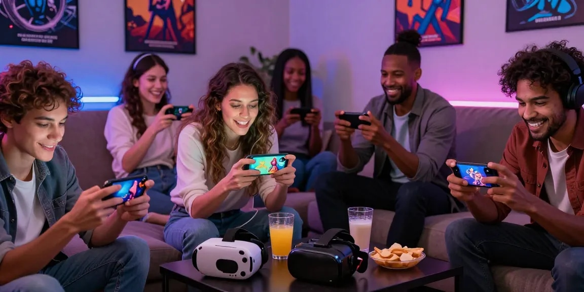 Group of adults playing mobile porn games in a cozy lounge setting, showcasing diverse interactive experiences.