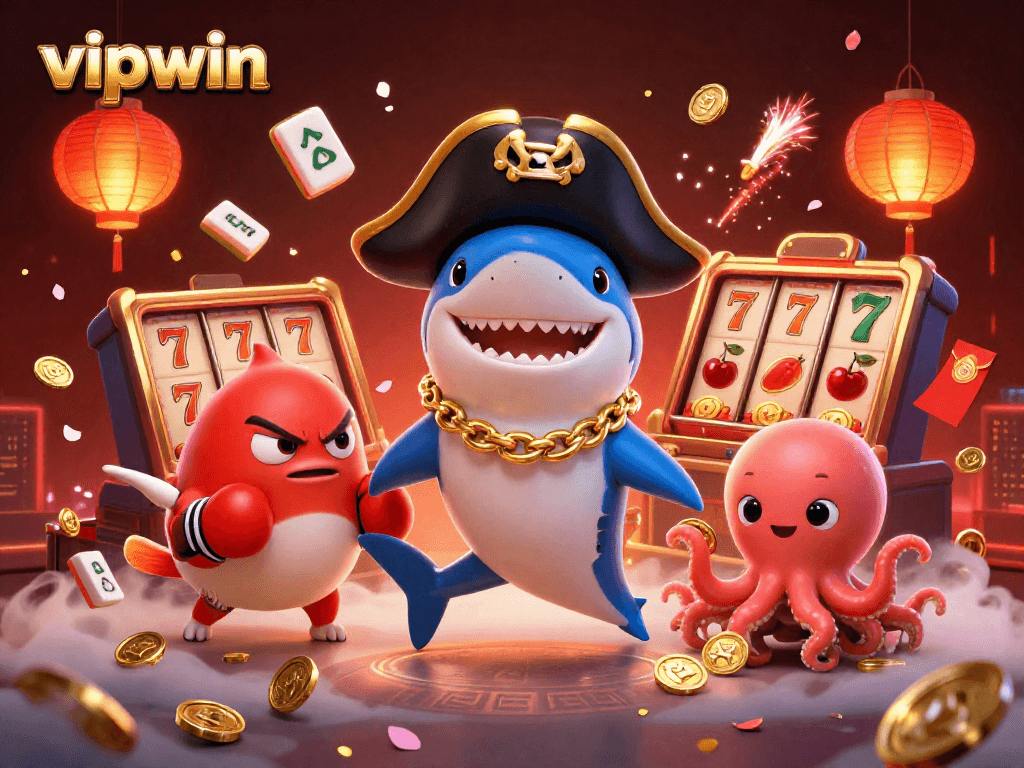 Engaging scene featuring vipwin-themed characters including a pirate shark, pufferfish, and octopus amidst vibrant casino elements