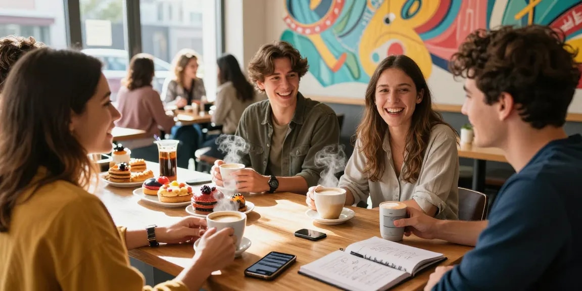 Friends enjoying a spicy chat with coffee and pastries in a vibrant cafe ambiance.