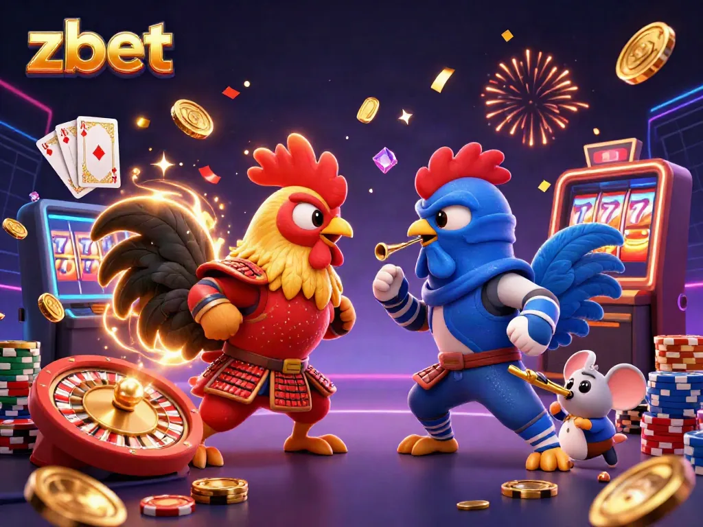 Zbet's exciting gaming scene with fighting roosters in dramatic standoff, featuring casino symbols