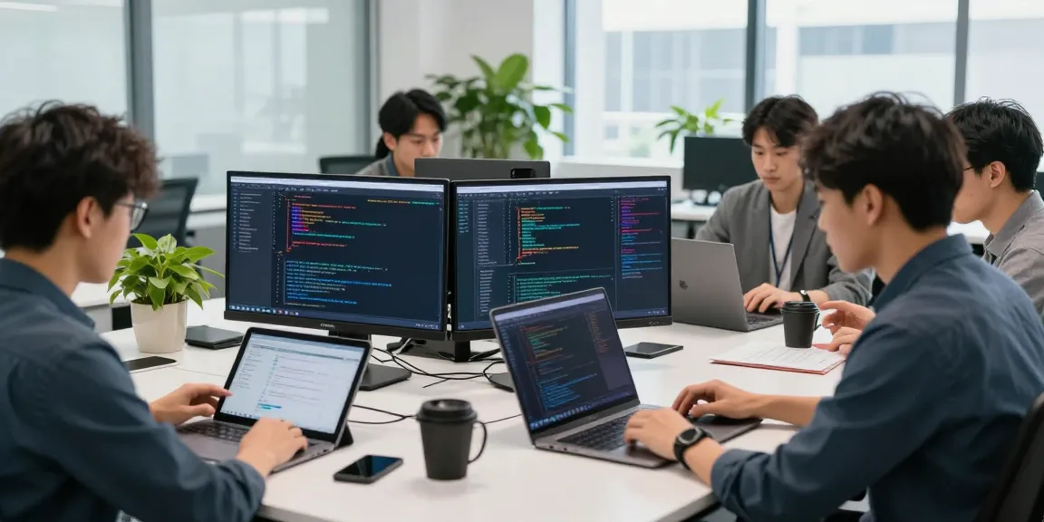 Piteas.trade software developers collaborating in a modern tech office workspace.