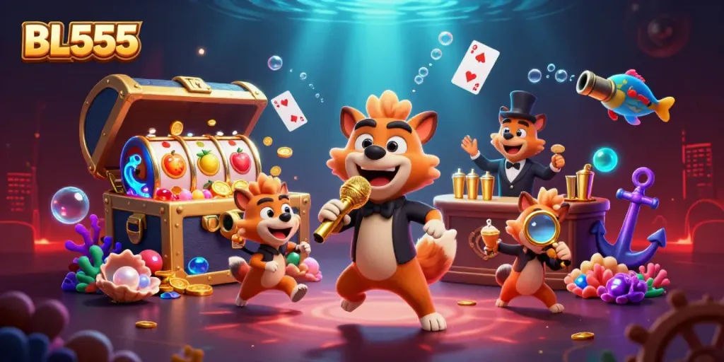 Experience the thrilling energy of BL555 casino with lively hyenas running the show, showcasing games and excitement.