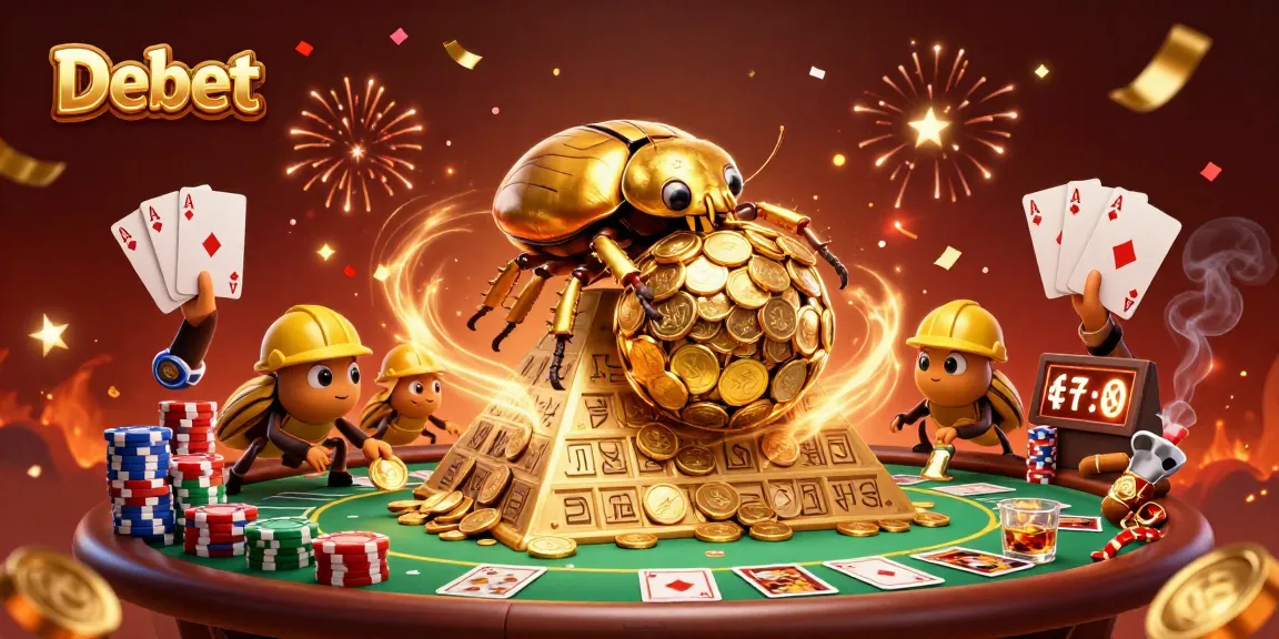 Experience thrilling bets with Debet’s vibrant casino world featuring golden beetles and poker elements.