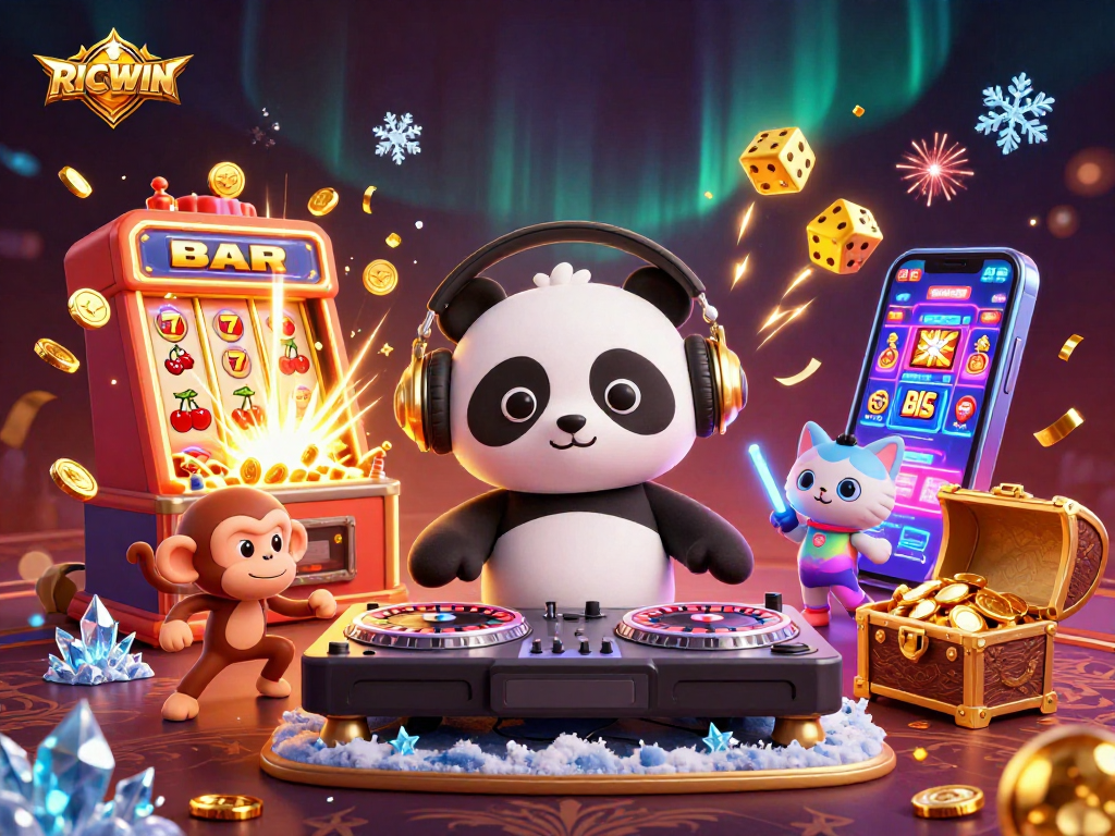 Spinning with RICWIN, the DJ panda delights in a lively casino scene.