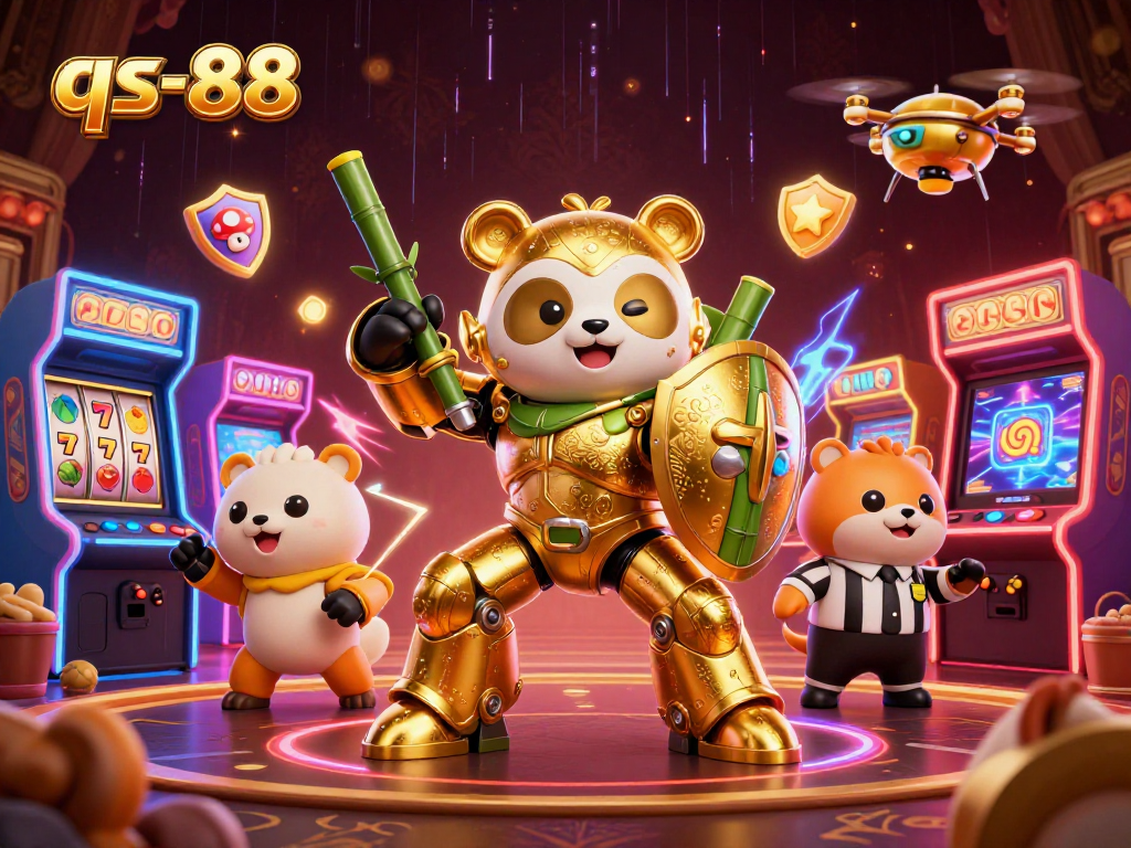 qs-88 showcases a vibrant casino scene with a mech-suit panda, slot reels, and dynamic gaming action