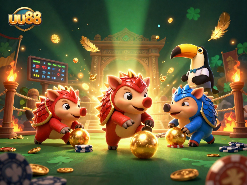 Engage in thrilling gameplay at uu88 with rival pangolins battling through poker chips in an exciting casino arena.