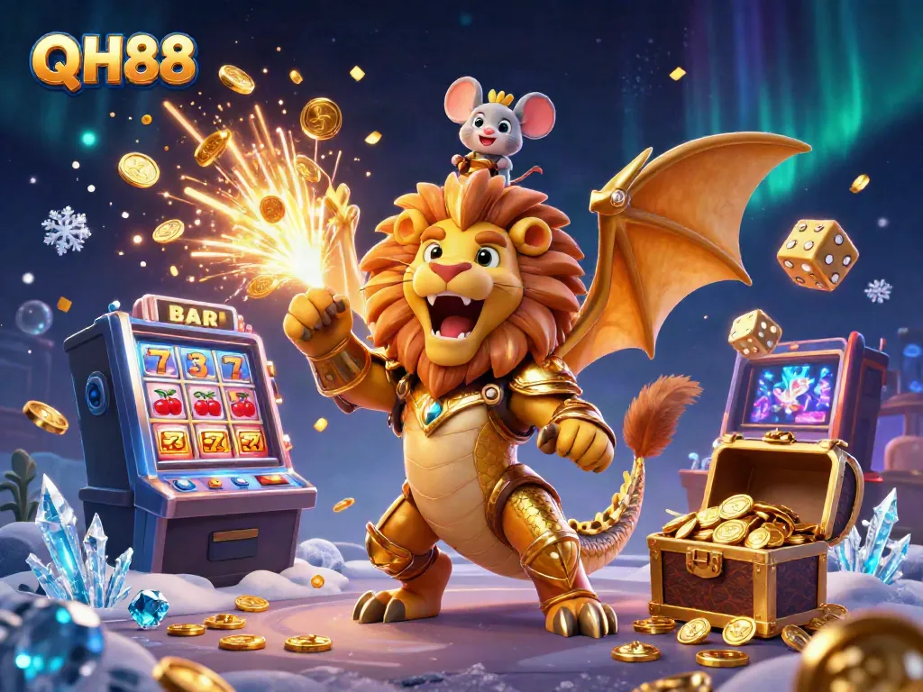Experience the excitement of QH88 with a vibrant casino scene filled with jackpots, gaming action, and thrilling characters.