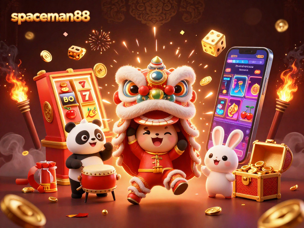 Play exciting slots with spaceman88 in a vibrant, dynamic casino scene featuring festive characters.