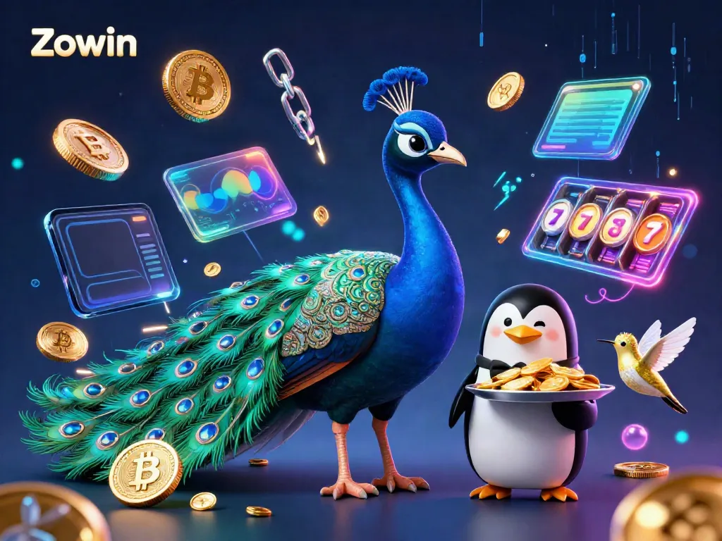 Zowin features vivid characters in a dynamic casino scene, showcasing slot reels and virtual coins.