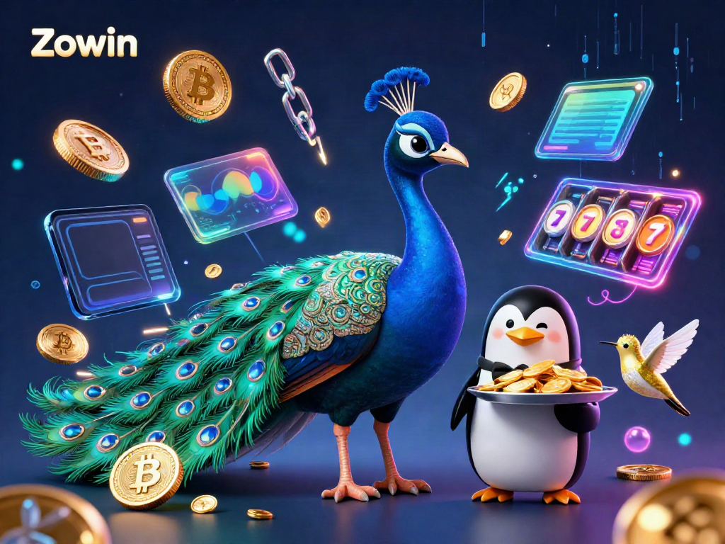 Zowin features vivid characters in a dynamic casino scene, showcasing slot reels and virtual coins.
