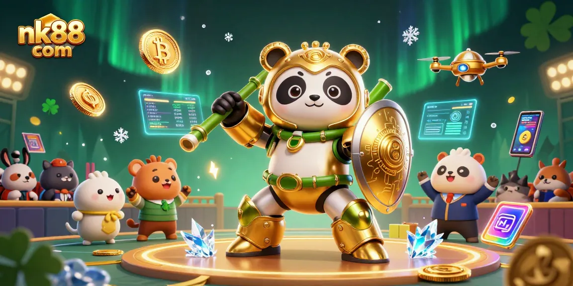 Experience thrilling gameplay at nk88 com with vibrant 3D illustration of a panda robot battling in a lively arena.