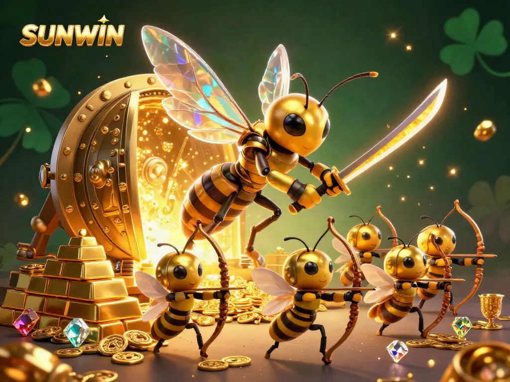 SUNWIN showcases a vibrant 3D illustration of a giant hornet in samurai armor, harmonizing with wealth and fortune in a lavish casino setting.