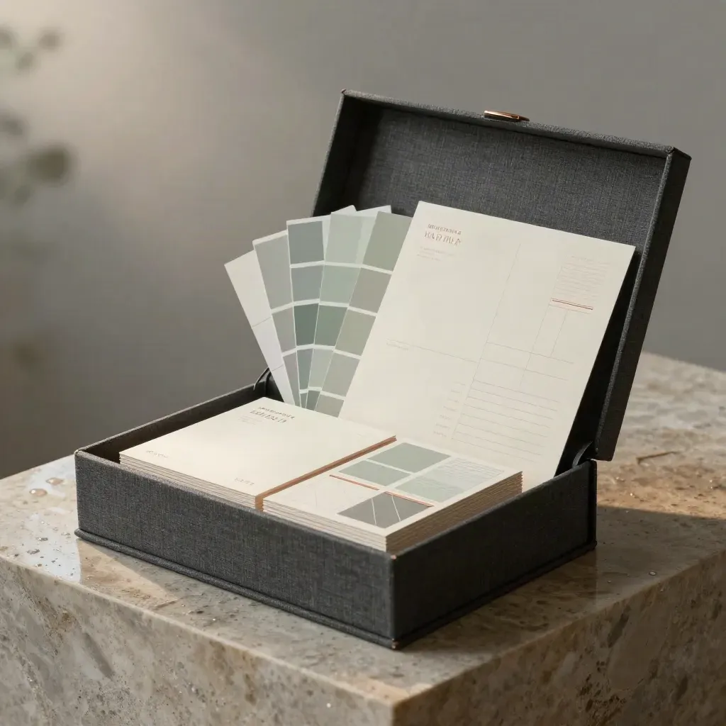 Charcoal linen identity box with swatches, stationery cards and template sheets on a wet stone plinth