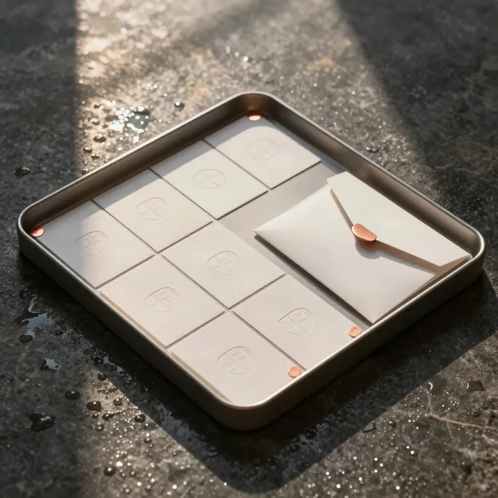 Overhead flat lay of a logo pack tray, symbol cards, folded sheet, and envelope on wet stone