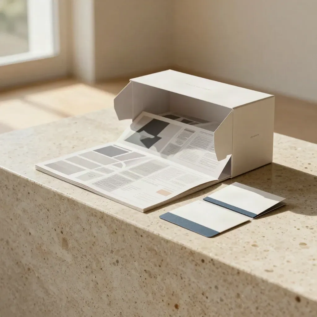 Open launch kit box with mock web boards and sleeves on travertine in soft window light.