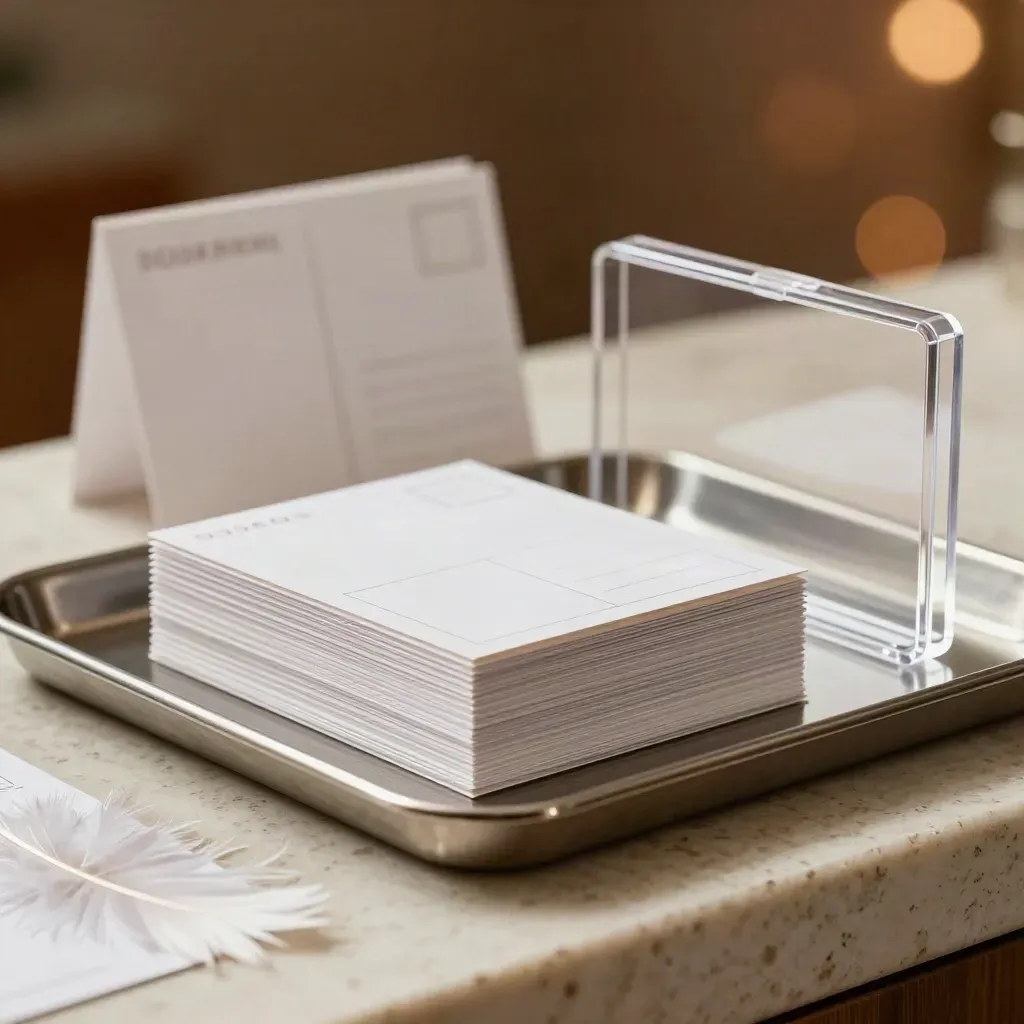 Social media kit sleeves, blank cards, and a clear divider case on a travertine ledge.