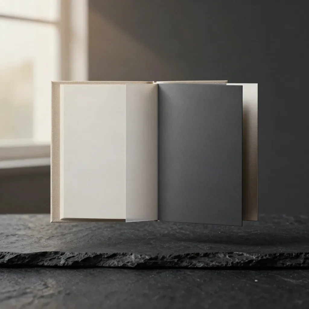 Floating pitch-deck folio with blank slide boards on a dark studio gradient.
