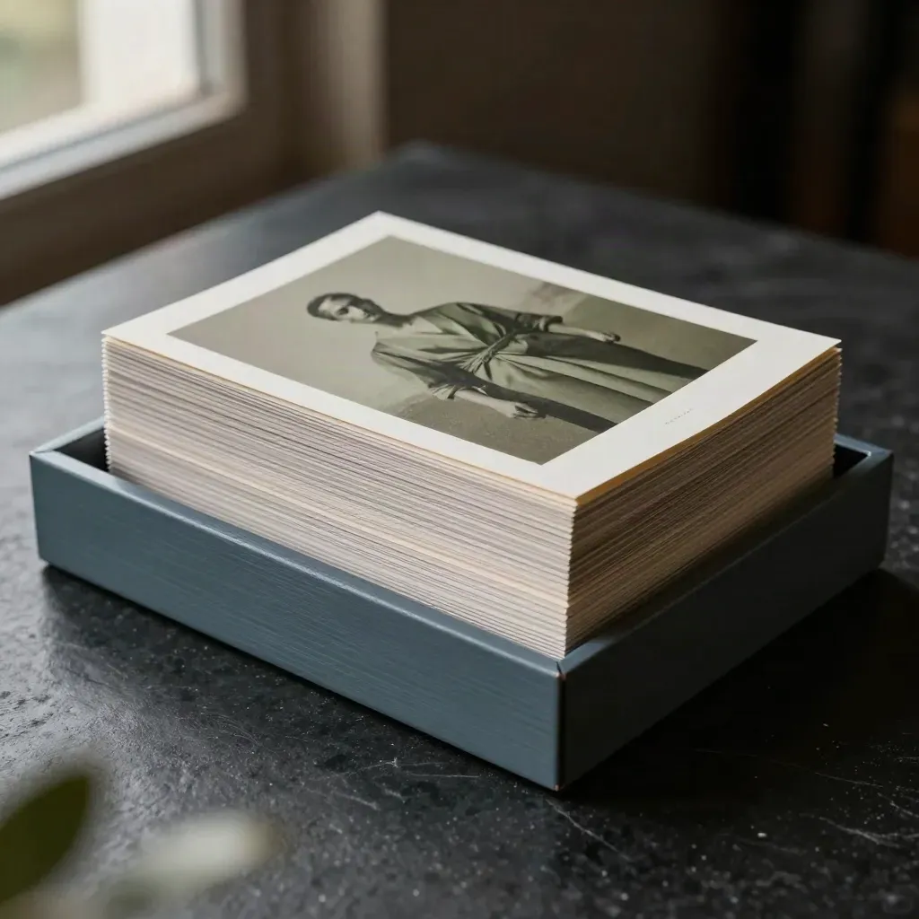 Print collateral set in a tray, settling into a neat stack on dark stone.