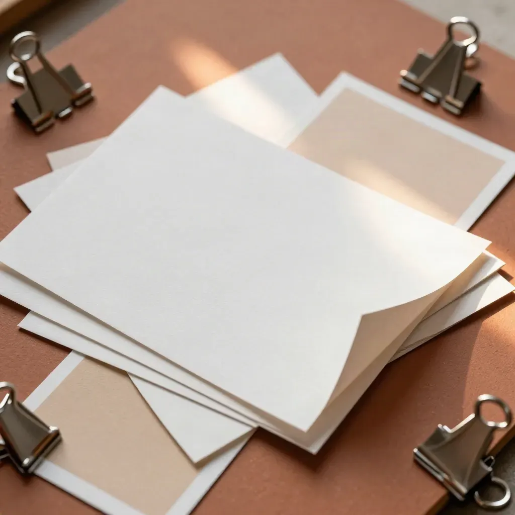 Overhead close-up of blank boards, swatches and clipped shapes on a terracotta drafting slab.