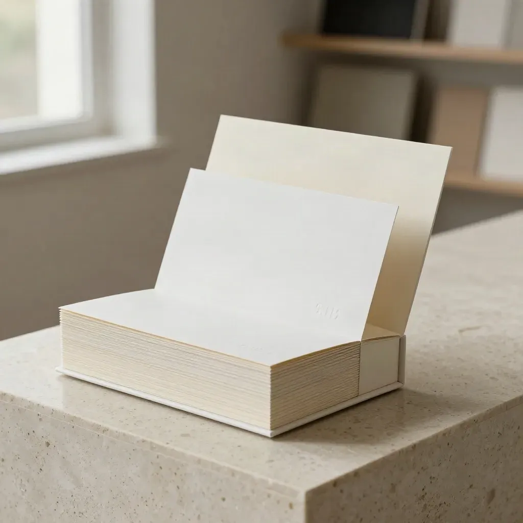 Open logo pack case with symbol cards and a folded sleeve on travertine in a modern studio.