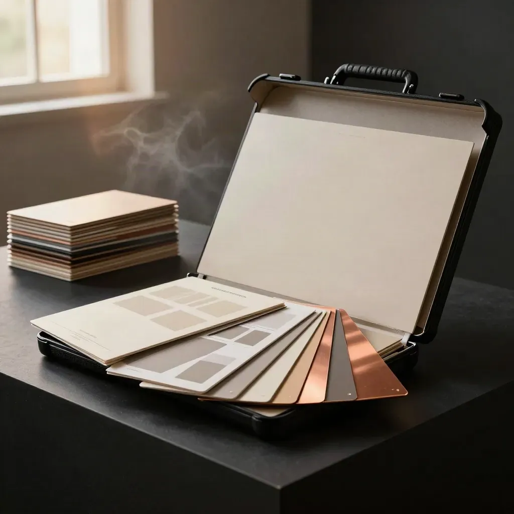 Opened launch bundle case with layered boards, sleeves, and copper-edged templates in a dark studio.