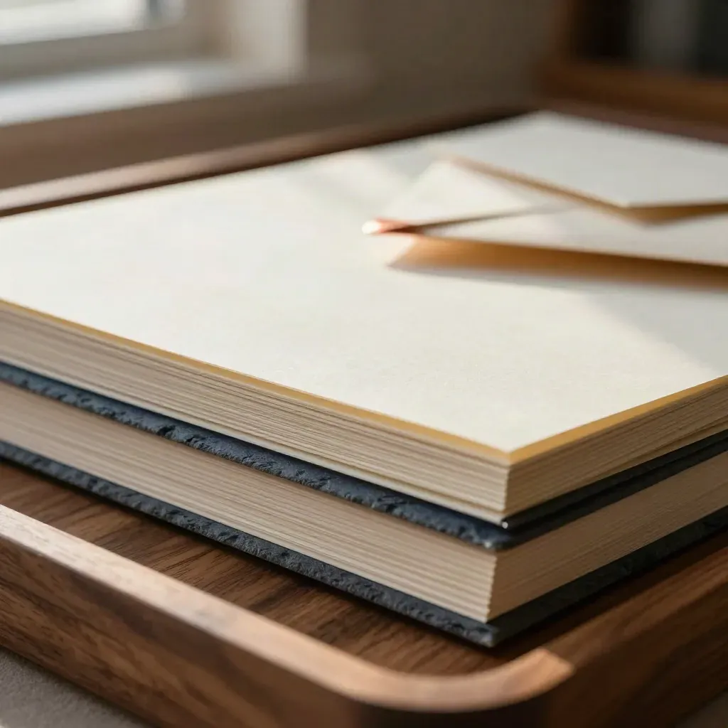 Layered rebrand folio under wool with copper edge detail and rich paper texture.