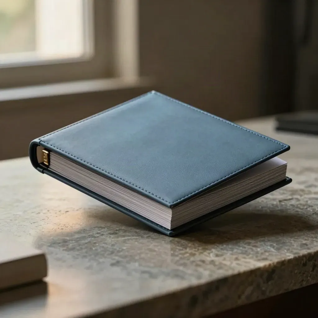 Dark pitch-deck binder and slide cards sliding across stone in moody studio light.