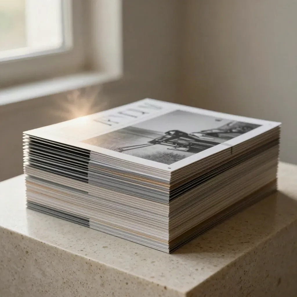 Close-up of a fanned web layout kit beside brushed steel on a warm stone plinth.
