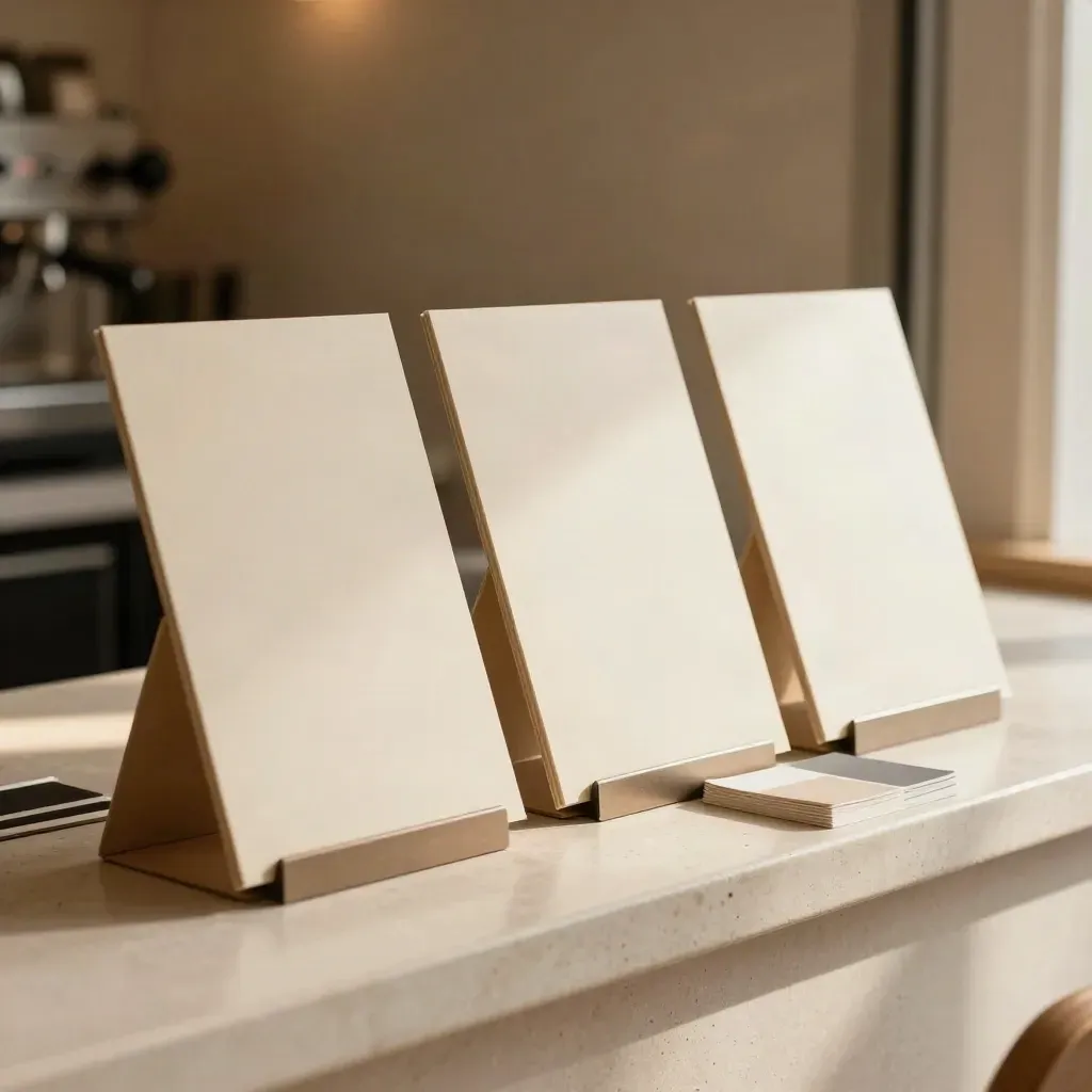 Blank cafe menu boards with clip stands and swatch cards on a warm stone ledge, lit in soft backlight.