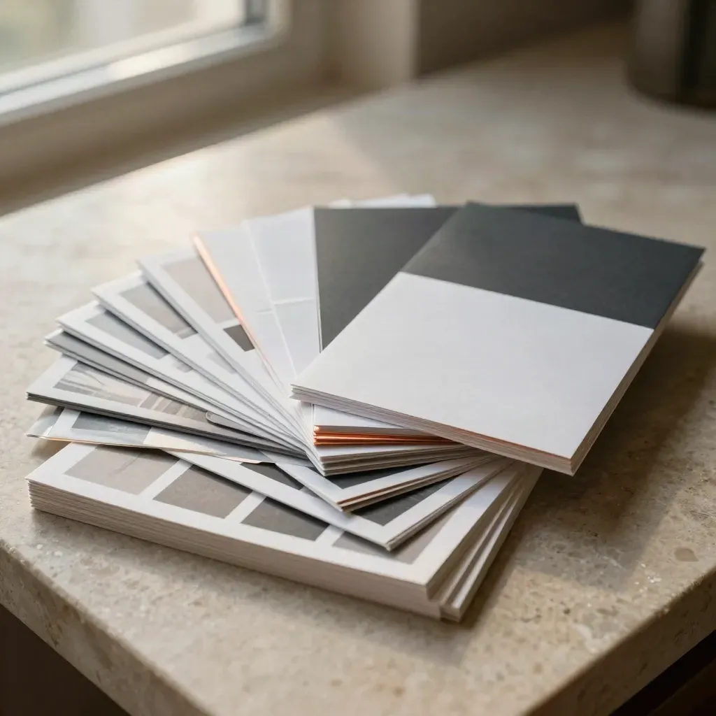 Fanned agency social kit cards and sleeves on a matte stone table with copper highlights.