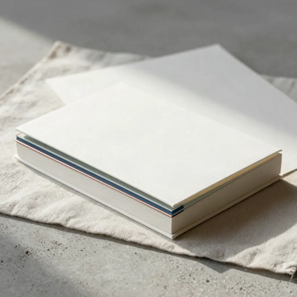Macro of a folded founder folio and sealed insert hovering over linen and concrete.