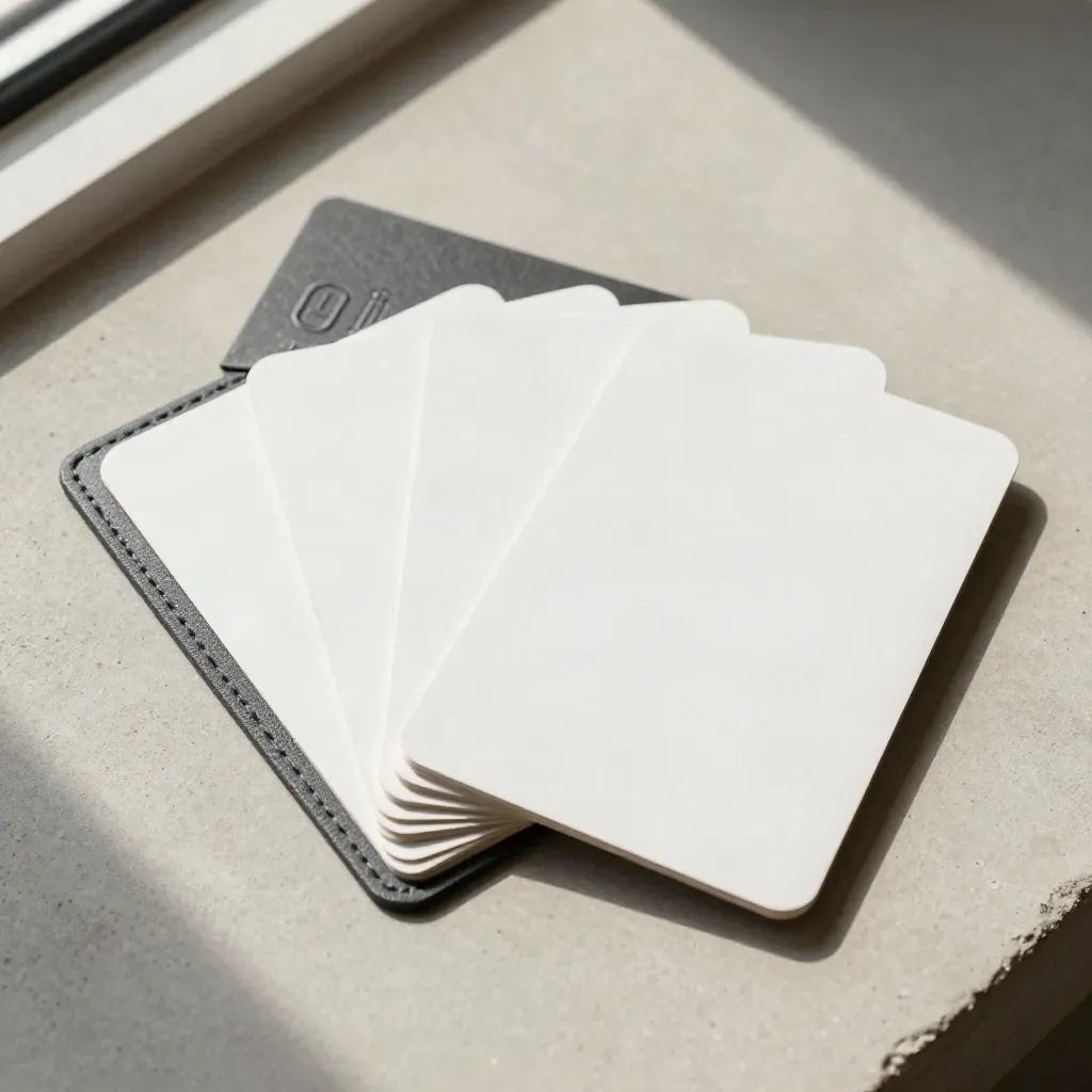 Overhead macro of a four-tab design-day kit opening in sequence on a matte stone slab