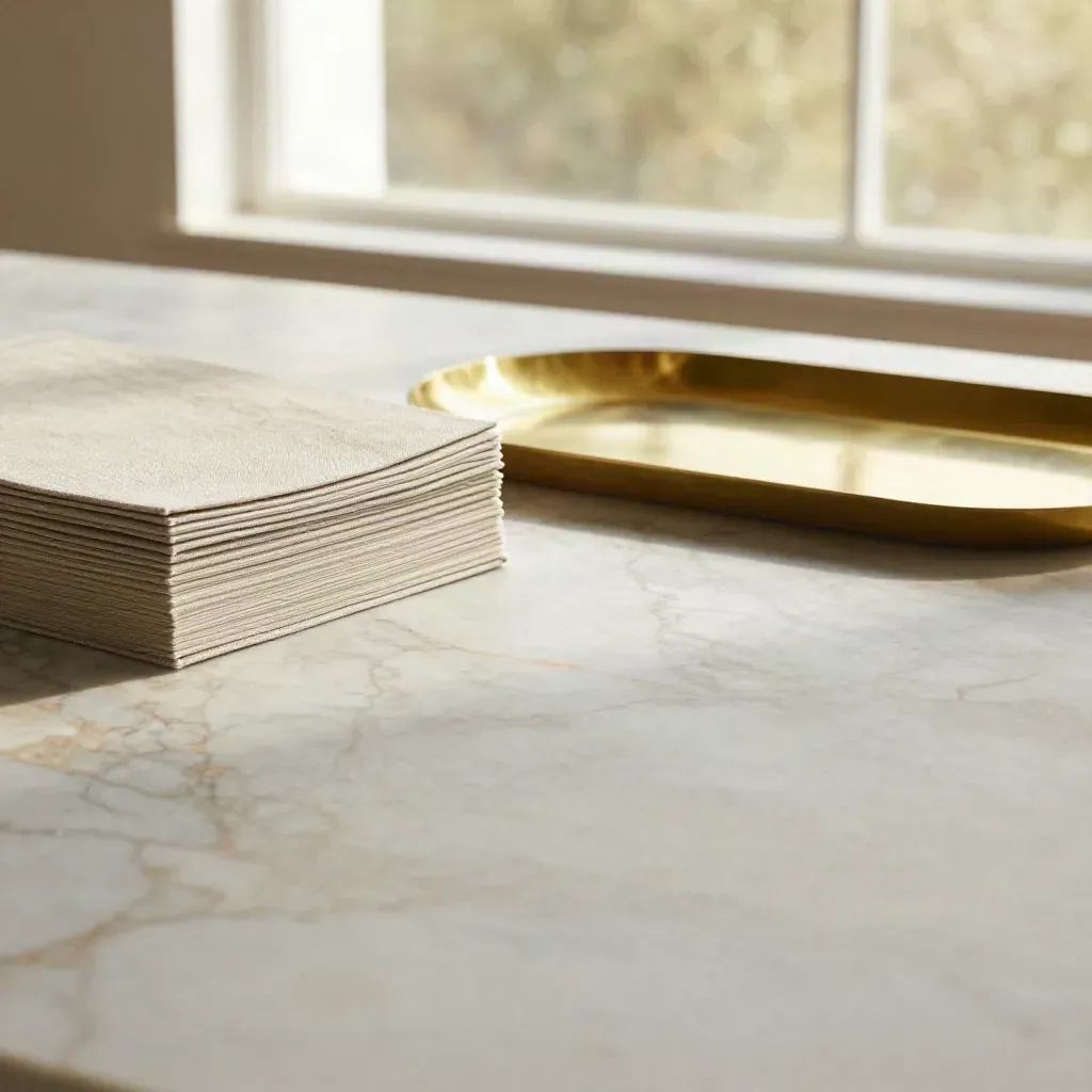 Marble surface with neutral binders and a brass tray in soft window light