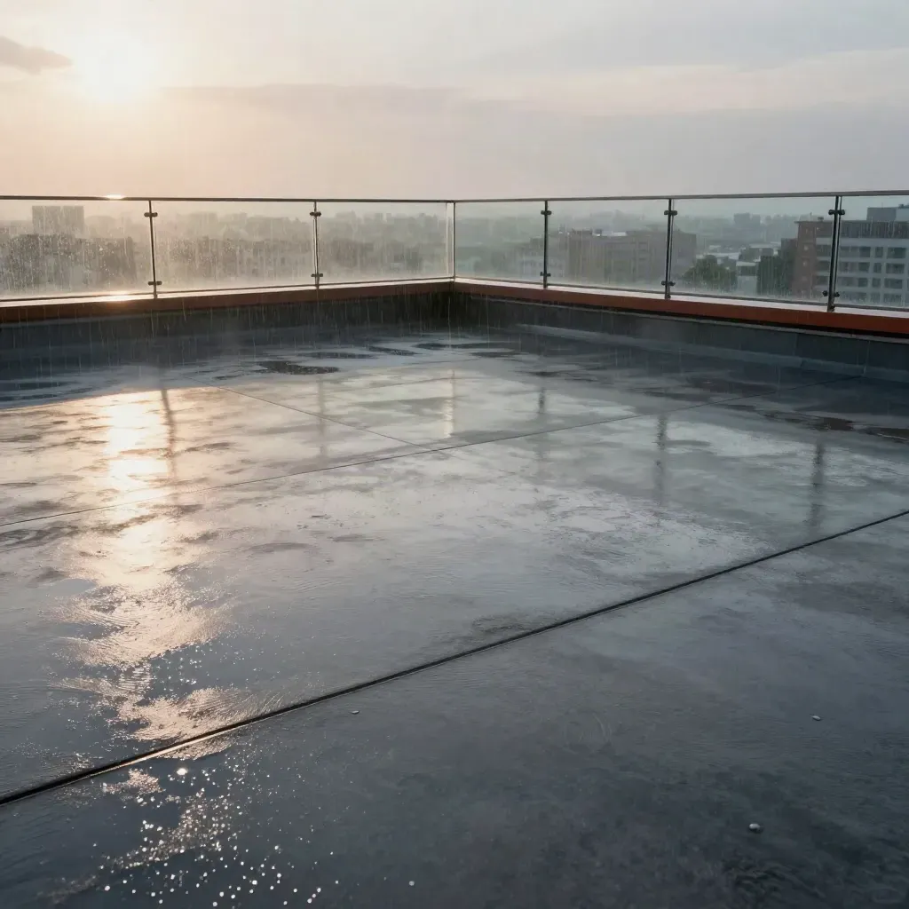 Wet rooftop terrace at sunset with glass parapets and misty city bokeh