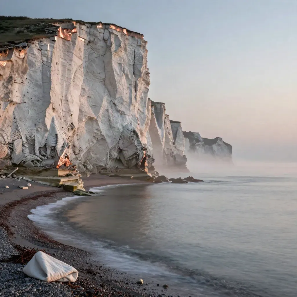 Chalk cliff ledge with folded cloth above a calm shoreline at dusk, sea spray drifting