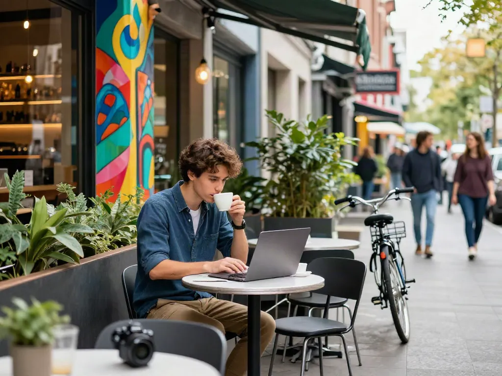 Modern professional working over here at a vibrant café in the city