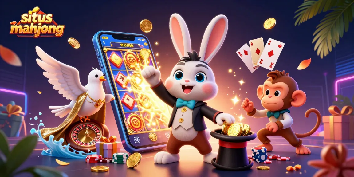 Engage in situs mahjong with thrilling casino elements featuring a magician rabbit, dove, and monkey amidst vibrant gameplay.
