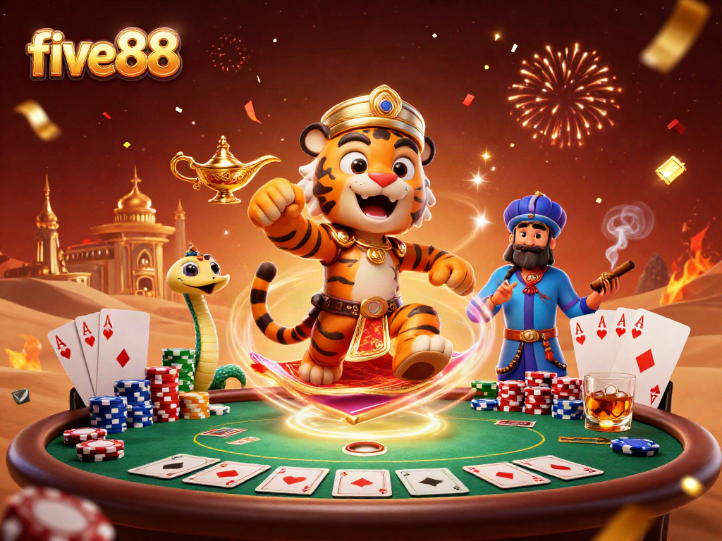 Experience thrilling five88 gameplay with a sultan on a poker chip flying carpet, surrounded by casino elements.