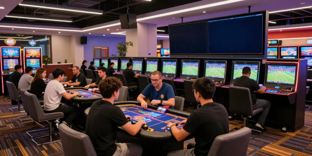 Dynamic gaming atmosphere at http://sin88-onl.com/ with players enjoying casino games surrounded by vibrant lights and decor.