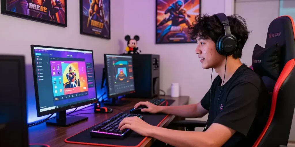 Engaged gamer using the 11BET app on a vibrant laptop setup, showcasing modern gaming accessories and a lively environment.