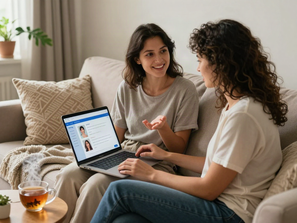 Couple using sex AI app in cozy home setting for relationship enhancement
