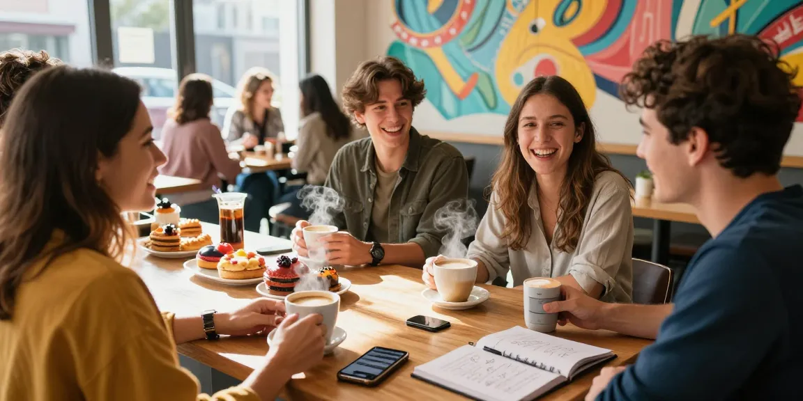 Friends enjoying a spicy chat with coffee and pastries in a vibrant cafe ambiance.