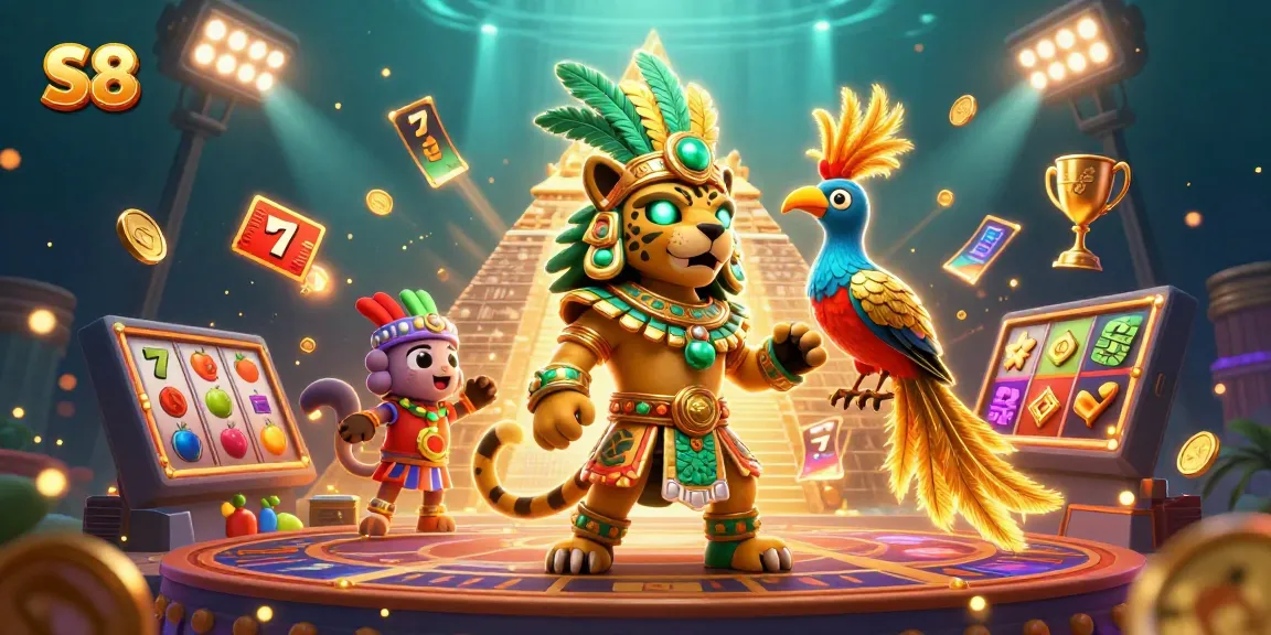 Experience the vibrant S8-themed gaming scene with a Mayan priest and dynamic casino elements.