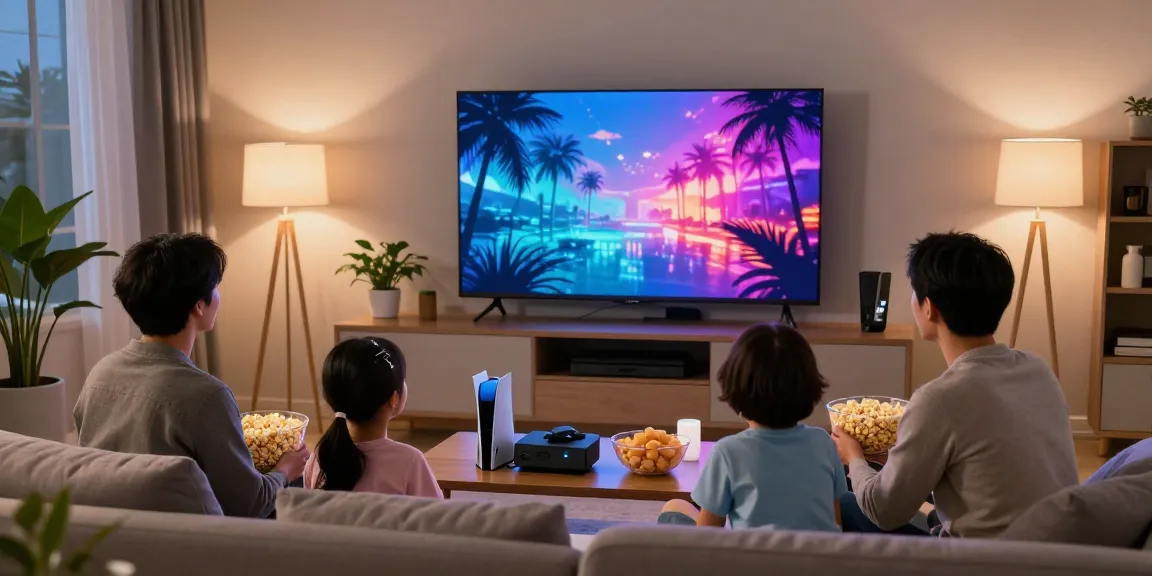 Family enjoying a movie night with a vibrant mini LED TV in a cozy living room.