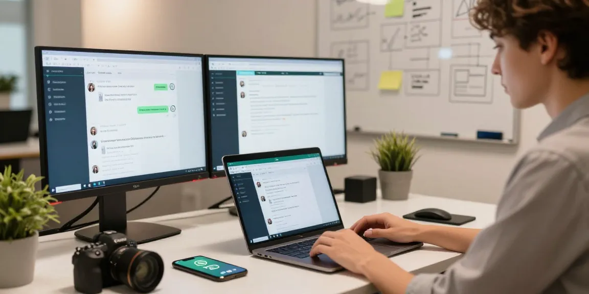 Professional using WhatsApp網頁版 on a laptop in a modern workspace.