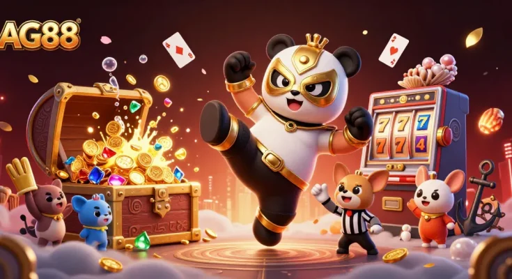 AG88 showcases a vibrant 3D scene with a wrestling panda and lively casino elements.