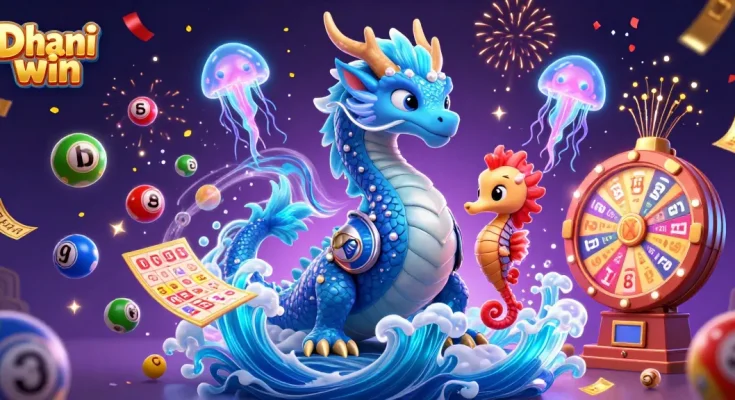 Dhani win brings thrilling gaming with colorful lottery balls, dragon, and seahorse knight.