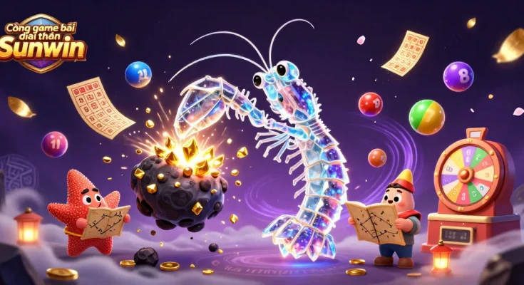 Cổng game bài đổi thưởng Sunwin showcases a vibrant scene with a galactic samurai mantis shrimp amidst colorful lottery balls, emphasizing dynamic gaming excitement.